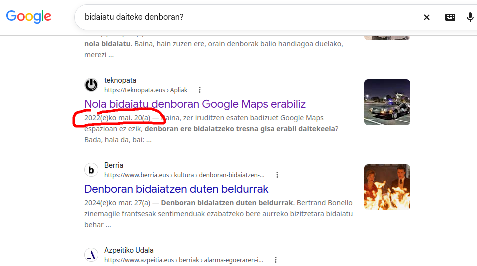 Google bilaketa orriaren kaptura bat. 'bidaiatu daiteke denboran?' galdetuz gero ematen dituen erantzunekin, tartean teknopata.eus blogekoa